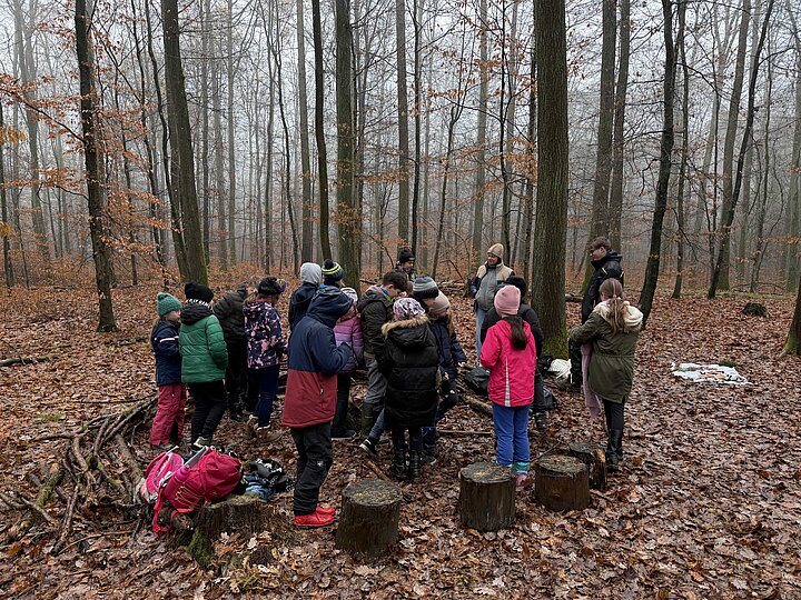 Schülerinnen und Schüler sammeln sich im Wald