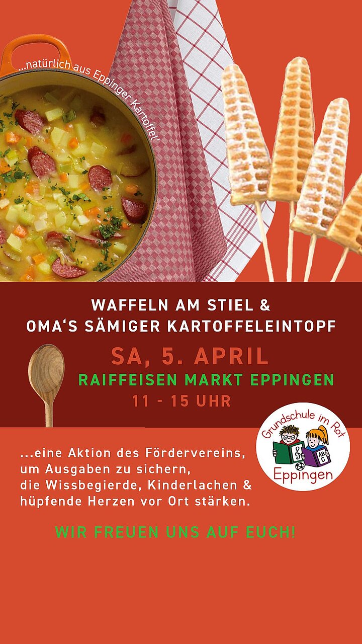 Flyer für den Waffel- und Eintopfverkauf am 05.04.25 am Raiffeisenmarkt Eppingen