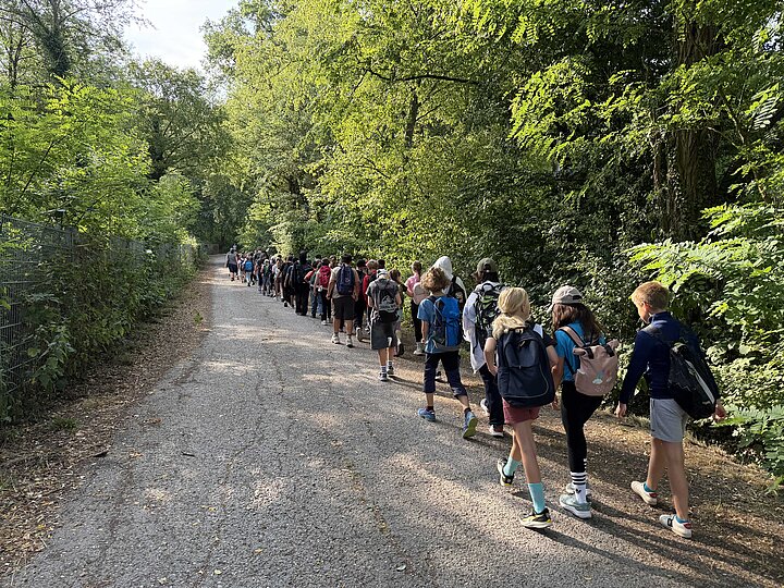 Schülerinnen und Schüler auf dem Weg in den Wald